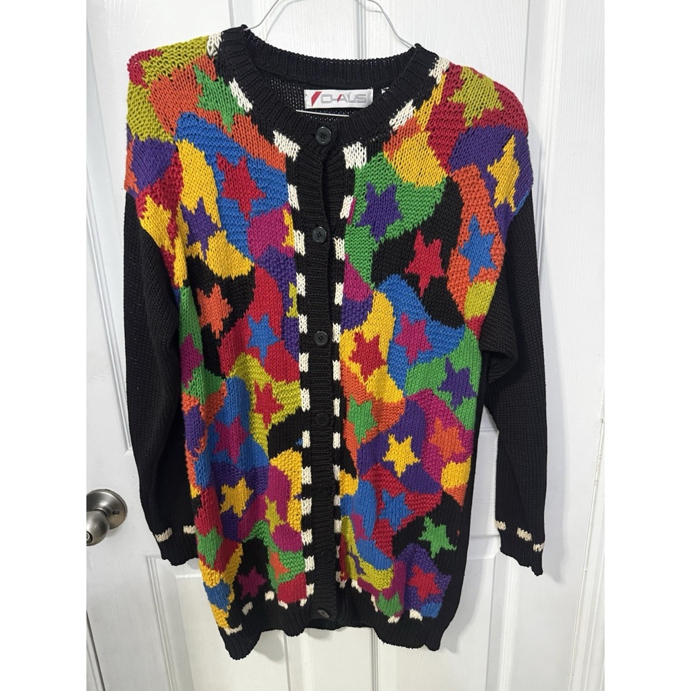 Vintage Chaus Women's L Cardigan Sweater Multicolor Stars Black 80s 90s Knit